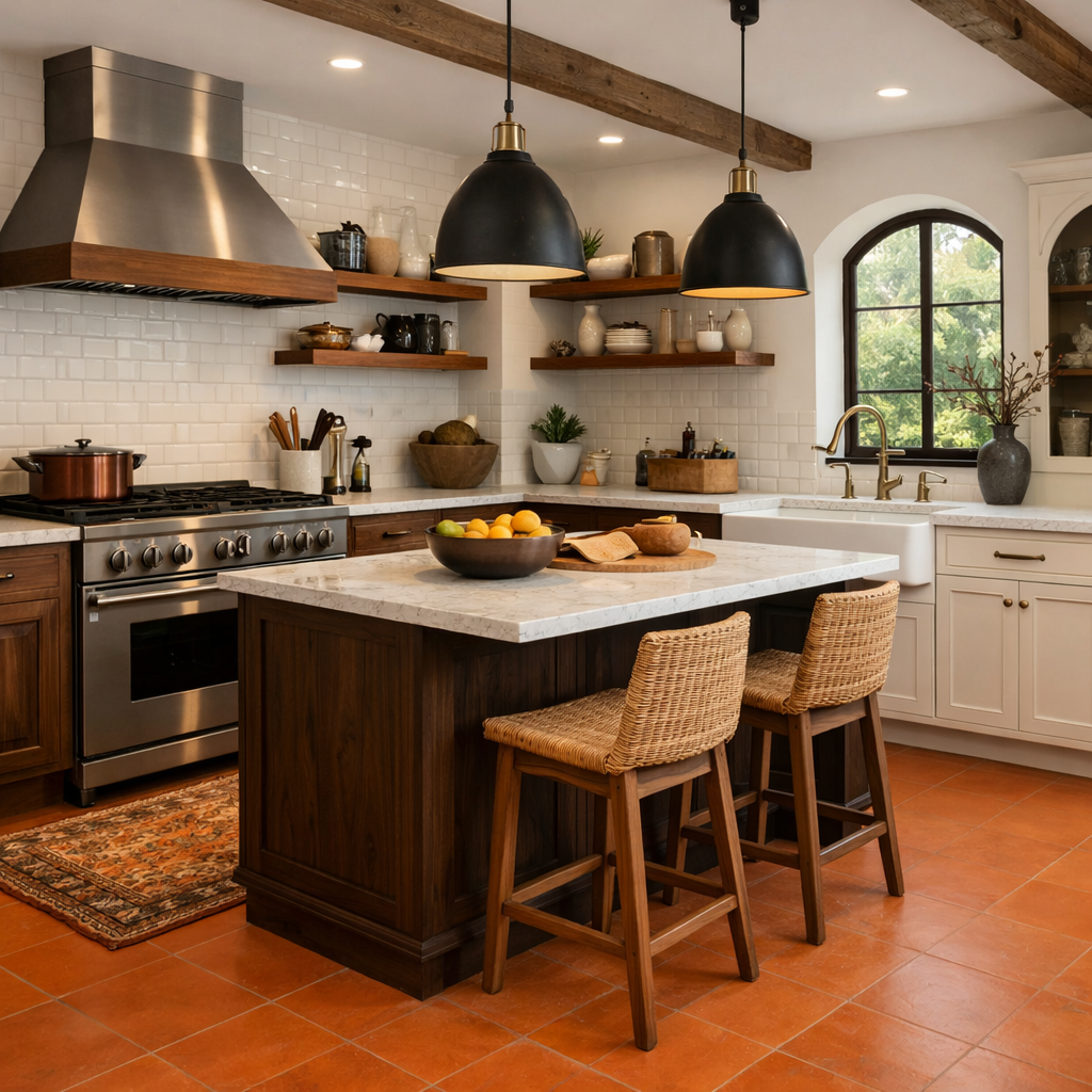A cozy kitchen with burnt orange flooring, showcasing wooden cabinets and modern appliances.
