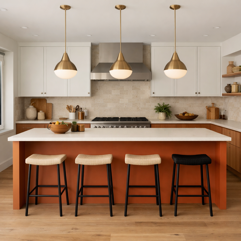 A modern kitchen featuring a burnt orange island, light countertop, and stylish bar stools.