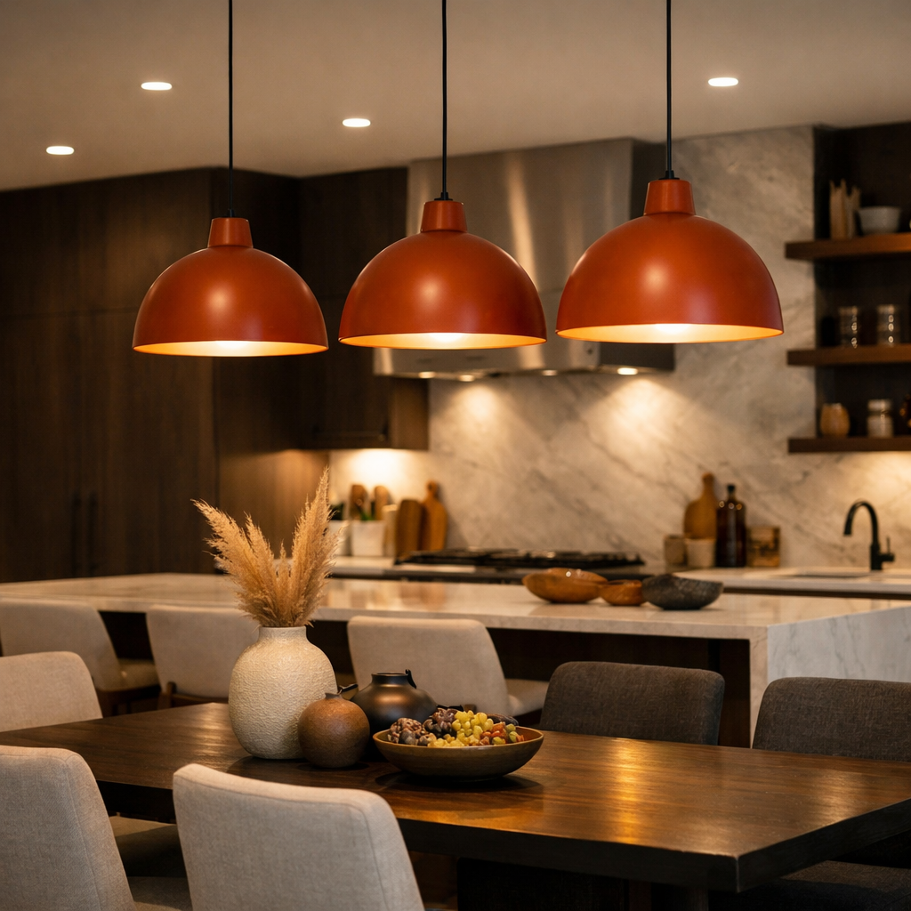 Three burnt orange pendant lights hanging above a dining table in a modern kitchen