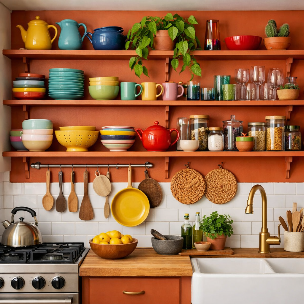 A beautifully arranged burnt orange kitchen showcasing open shelving filled with colorful kitchenware and a touch of greenery.