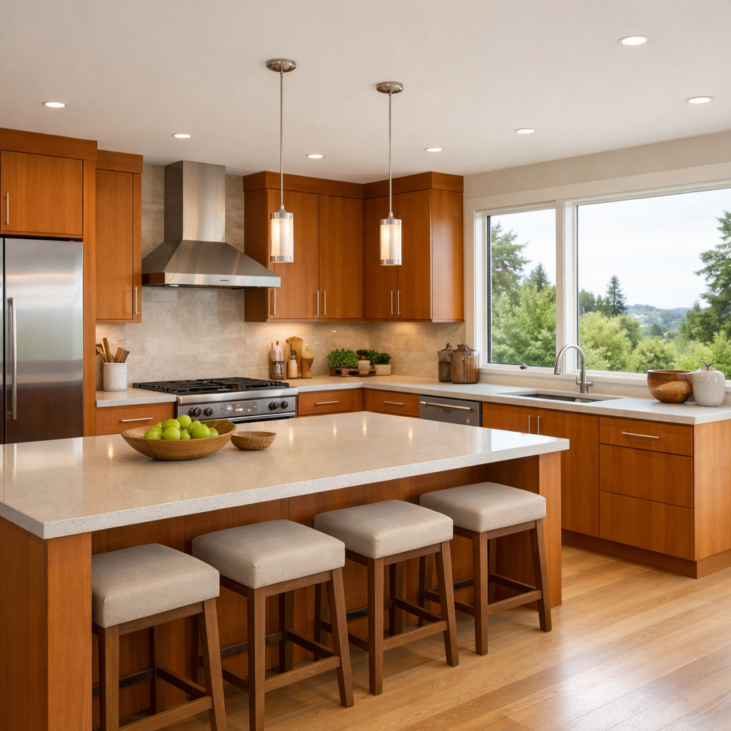 Bright and airy kitchen with orange wood cabinets, large windows, and modern appliances.