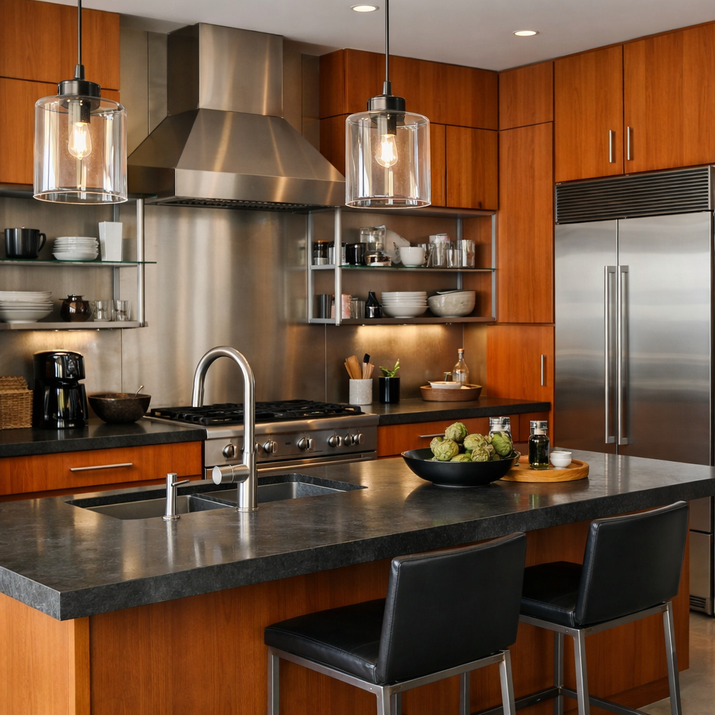 A modern kitchen featuring orange wood cabinets, sleek black countertops, stainless steel appliances, and contemporary lighting.