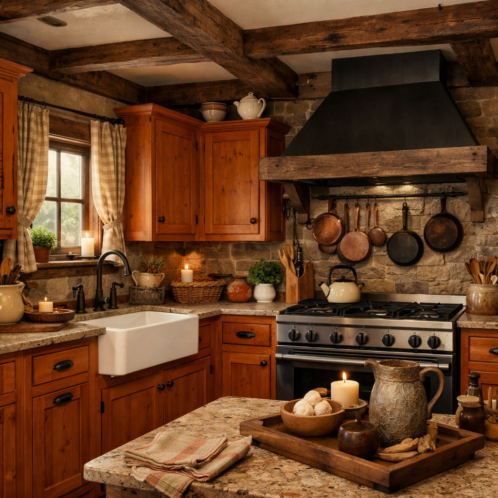 A rustic kitchen featuring orange wood cabinets, stone walls, and cozy decor.
