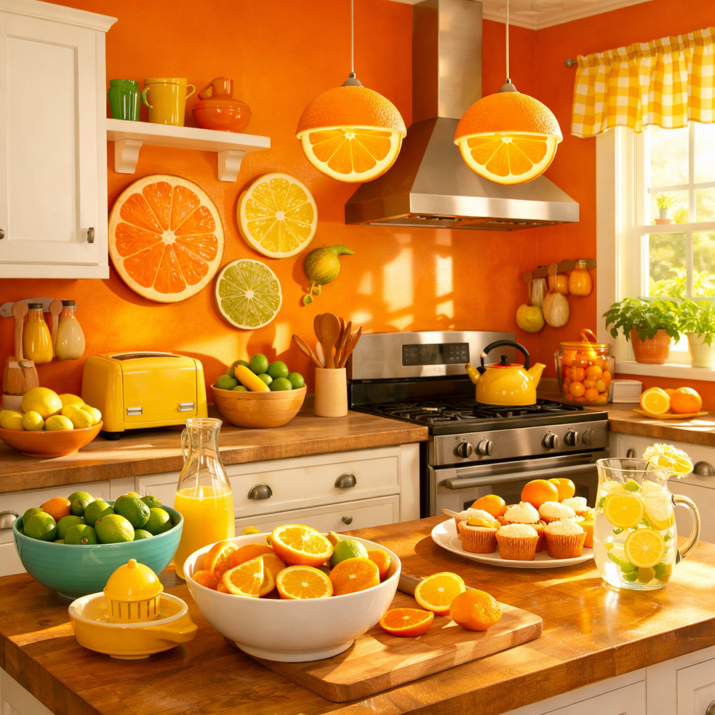 A bright orange kitchen with citrus-themed decor, featuring fruit slices on the walls and a variety of fruits on the counter.