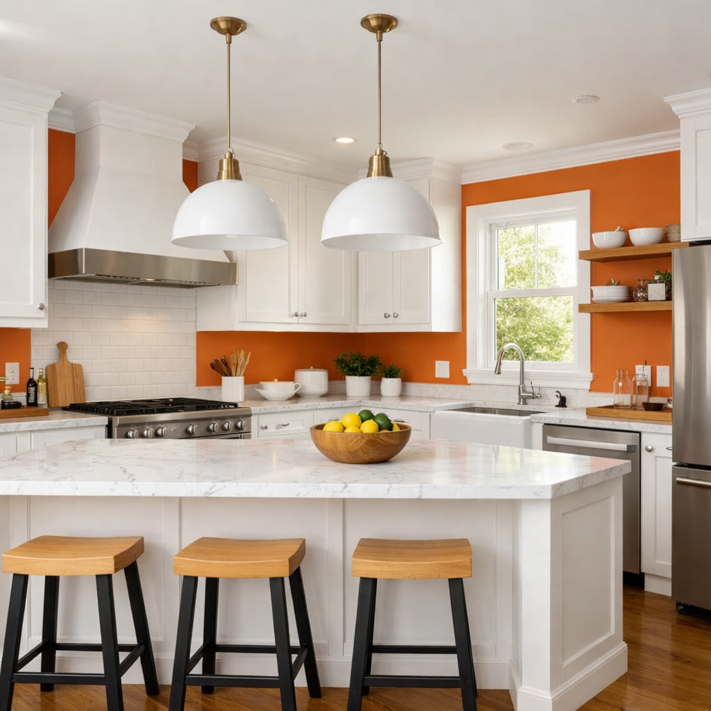 Bright kitchen with orange walls and white trim featuring a modern design