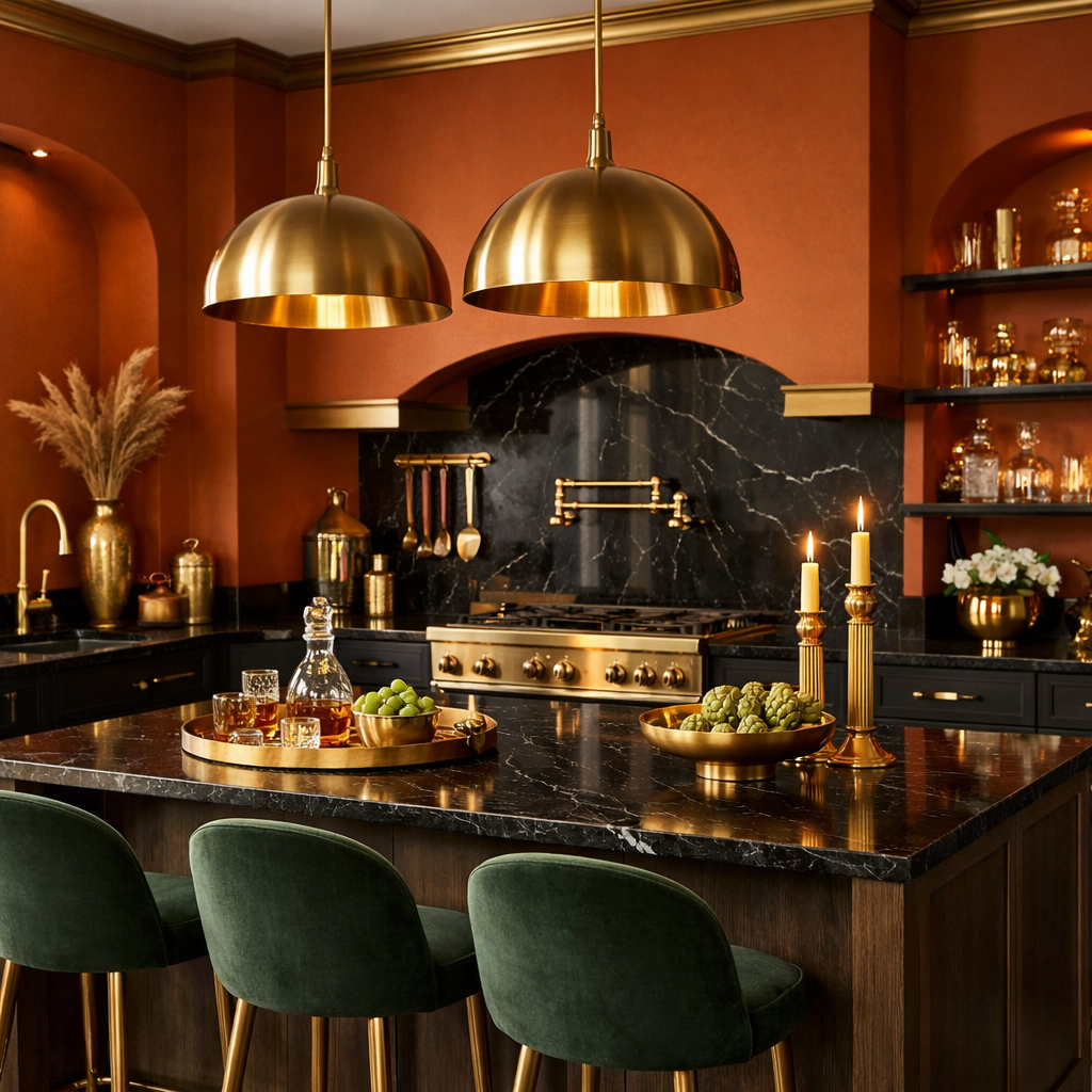 Elegant kitchen with orange walls, gold accents, and black marble countertops.