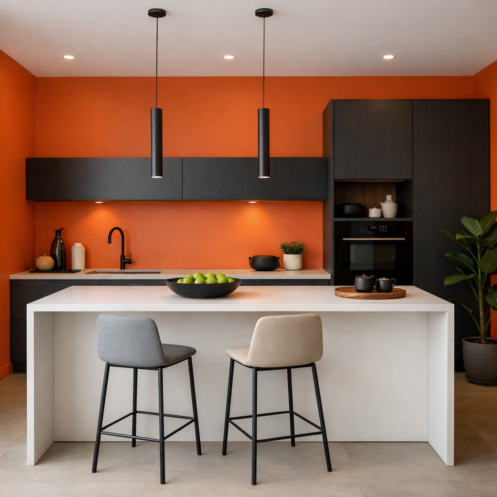 Modern kitchen with orange walls, black cabinets, and a white island