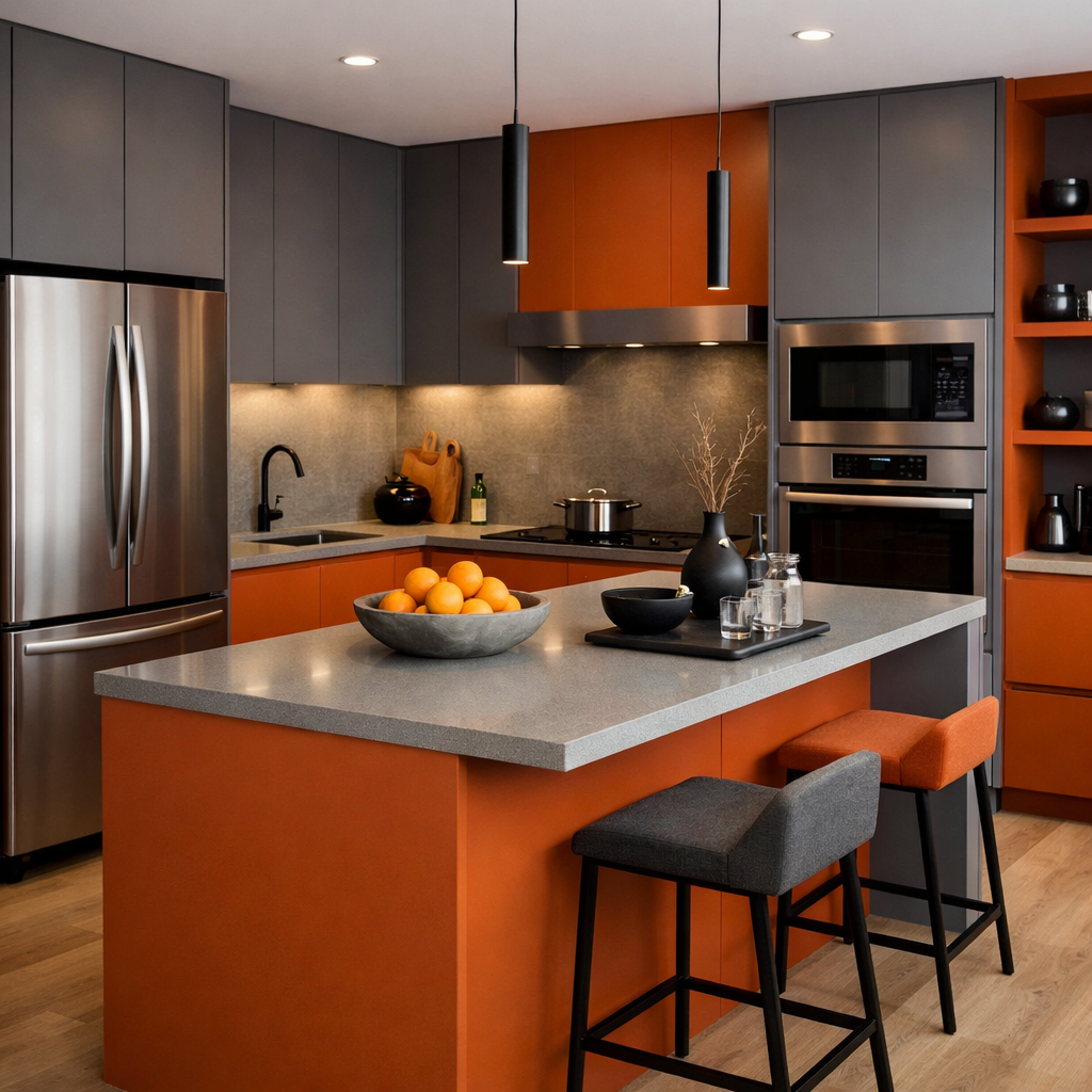 A modern kitchen featuring orange cabinets and gray accents.