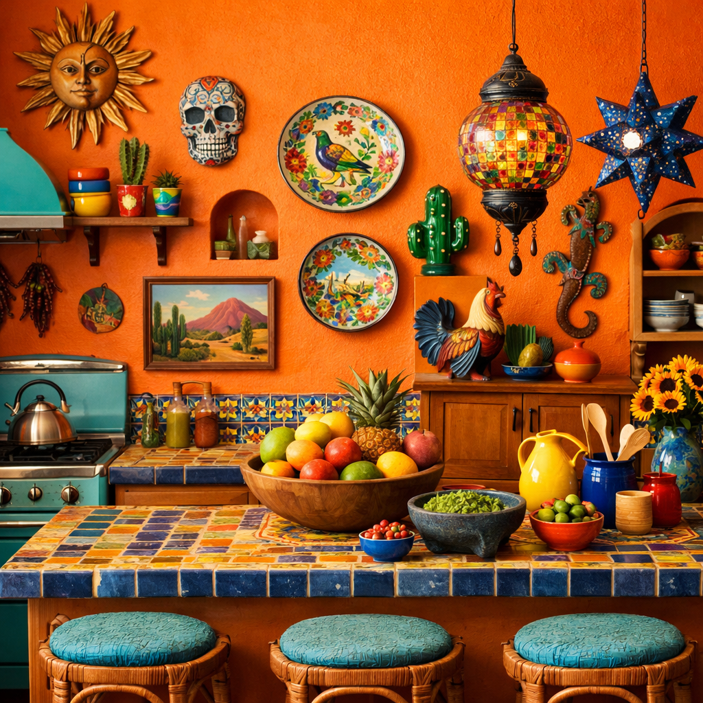 Colorful kitchen with orange walls, decorative plates, and vibrant fruit display.