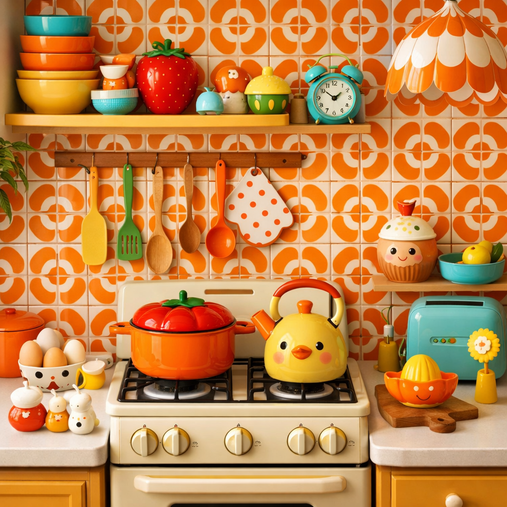 Colorful kitchen with orange wall tiles, playful patterns, and vibrant kitchenware.