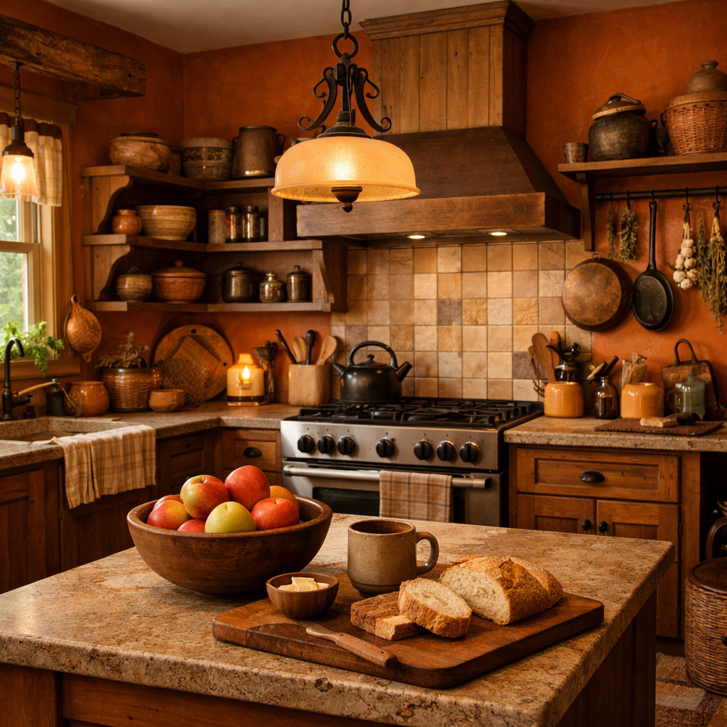 A rustic kitchen with orange walls, wooden elements, and a cozy atmosphere.