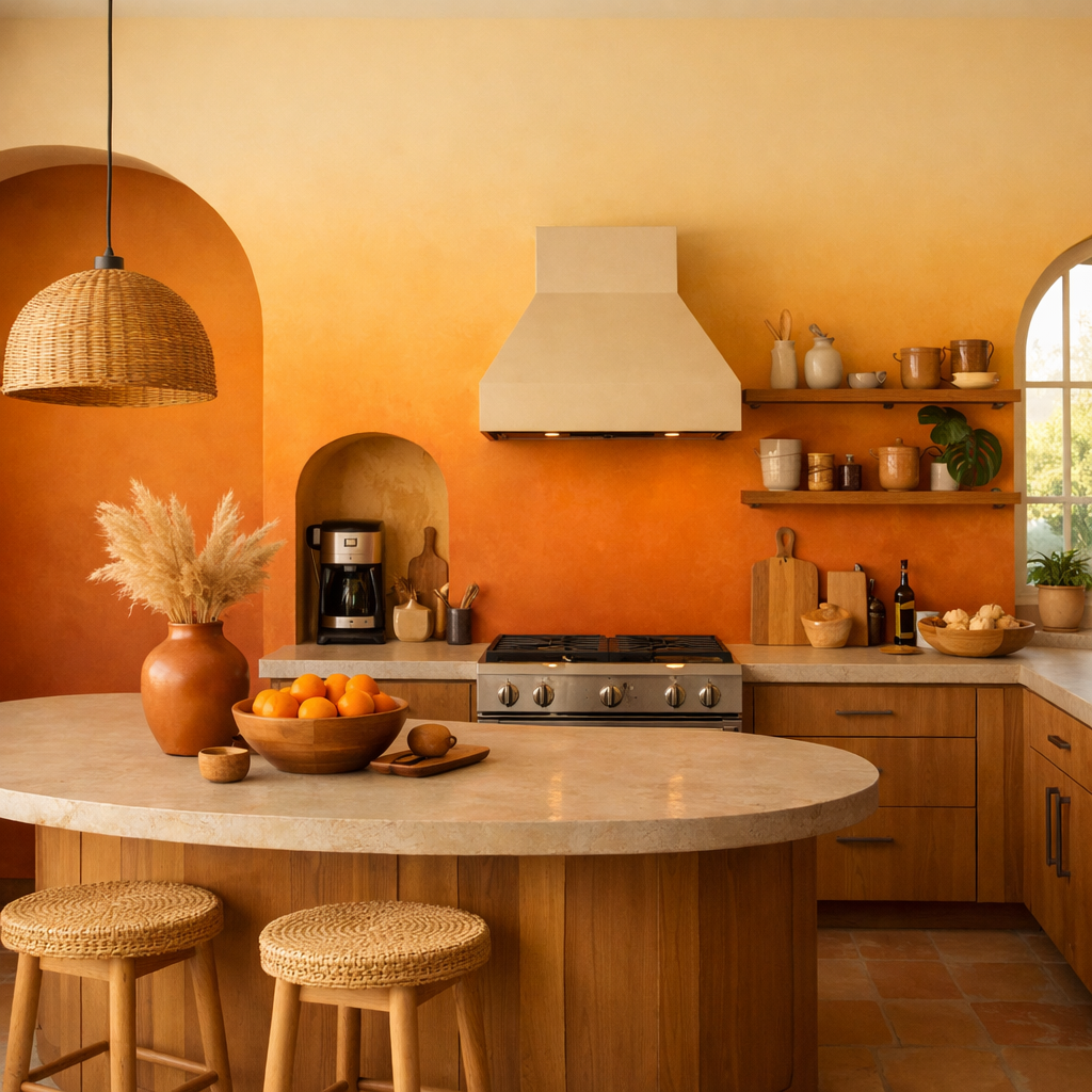 A kitchen with sunset-inspired ombre orange walls, featuring warm tones, wood accents, and a cozy atmosphere.