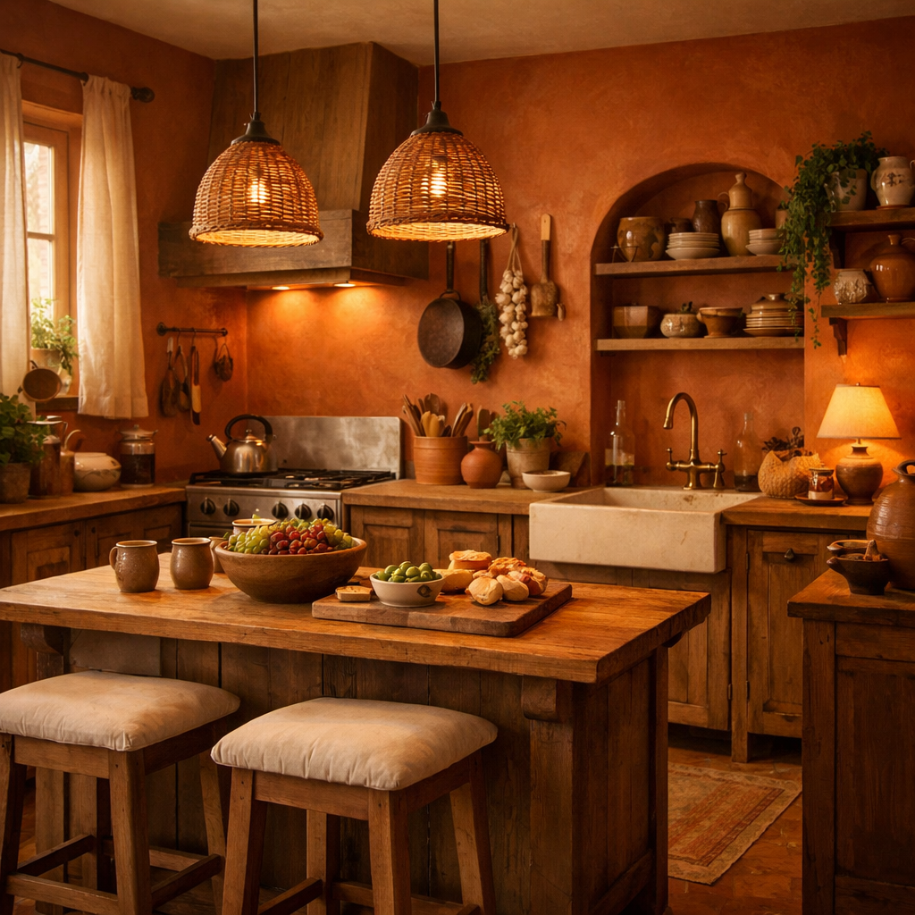 Cozy kitchen featuring warm terracotta walls, wooden furniture, and soft lighting.