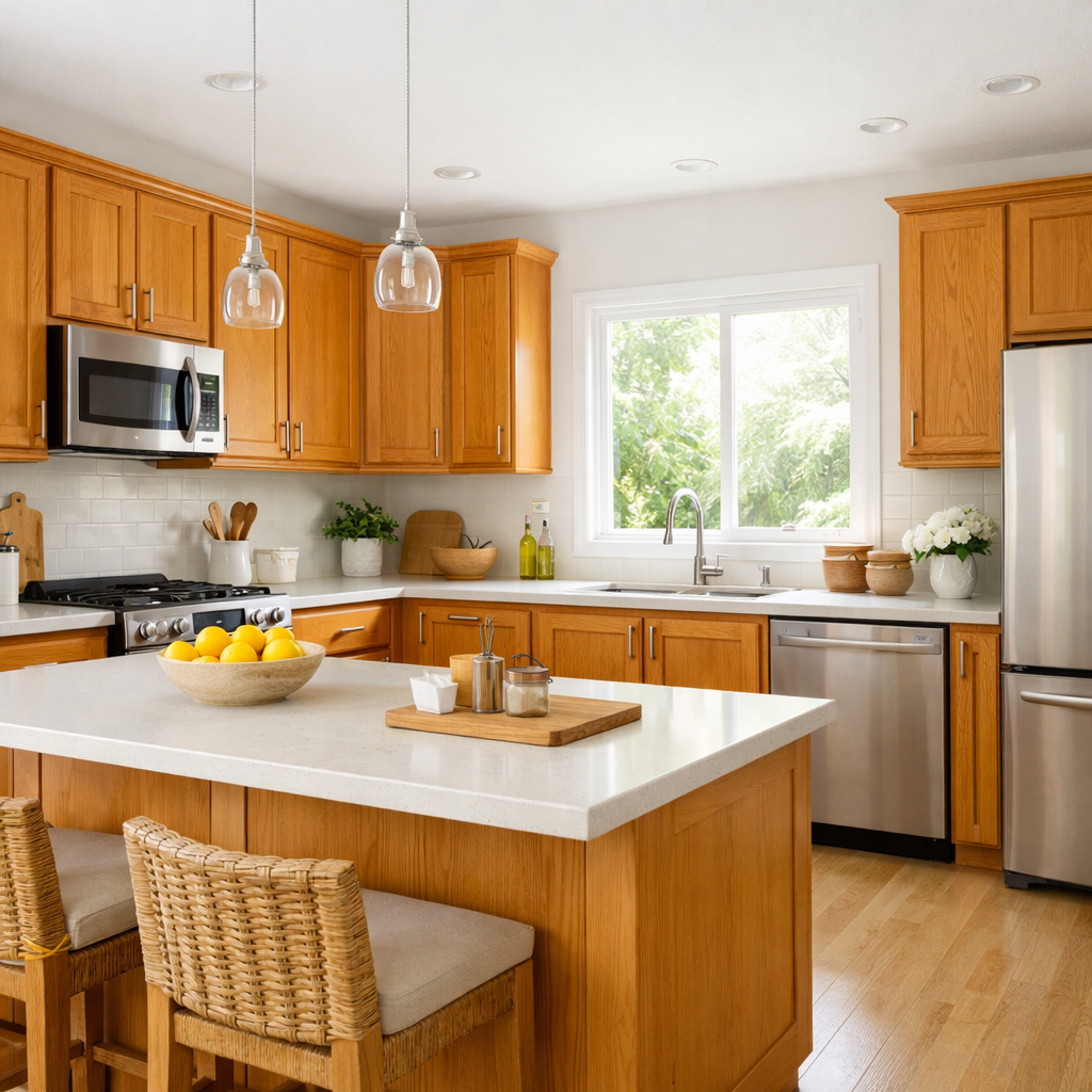 Bright kitchen with orange oak cabinets, white countertop, and natural light.