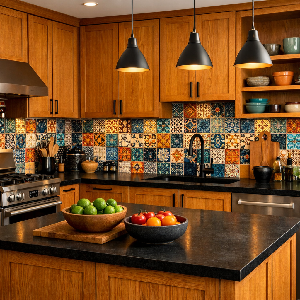 A kitchen featuring orange oak cabinets, black countertops, a colorful tile backsplash, and bowls of fresh fruit.