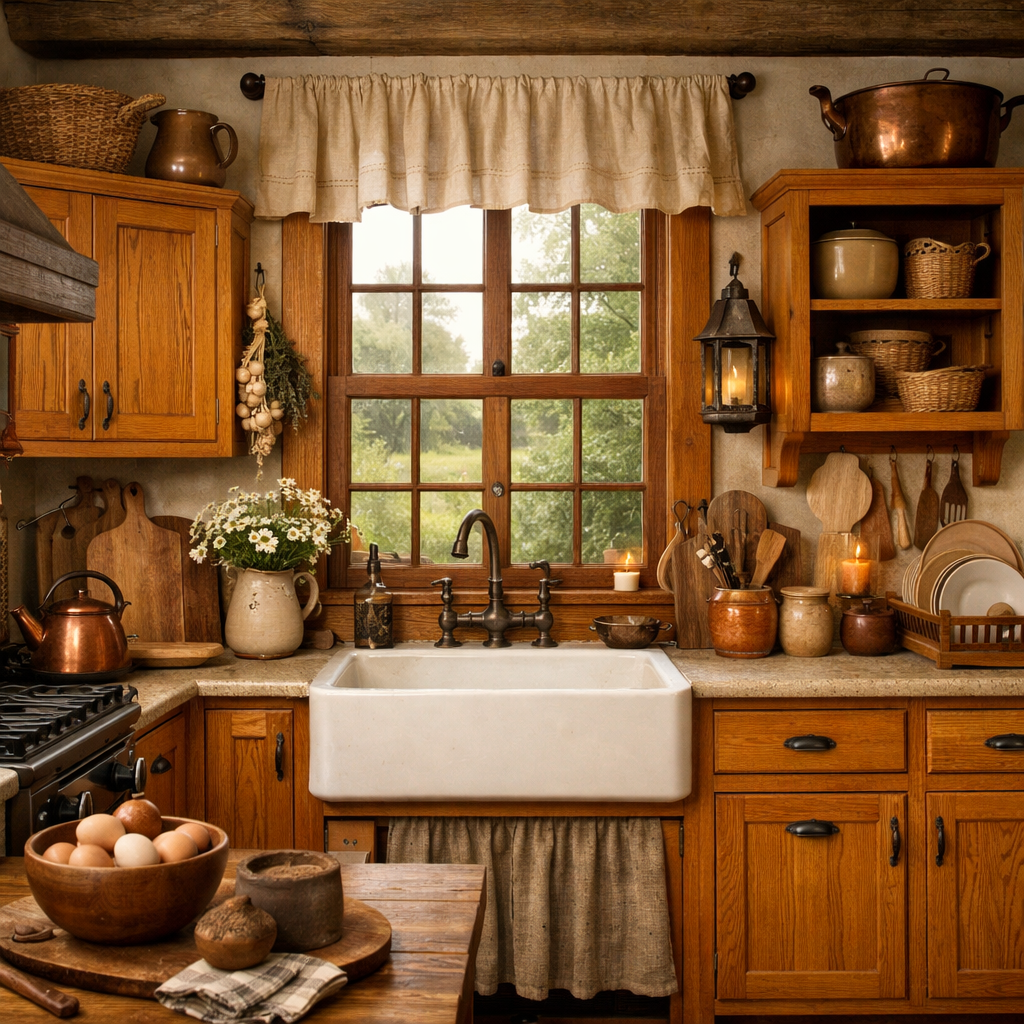 A warm and inviting kitchen featuring orange oak cabinets, a farmhouse sink, and decorative wooden accessories.
