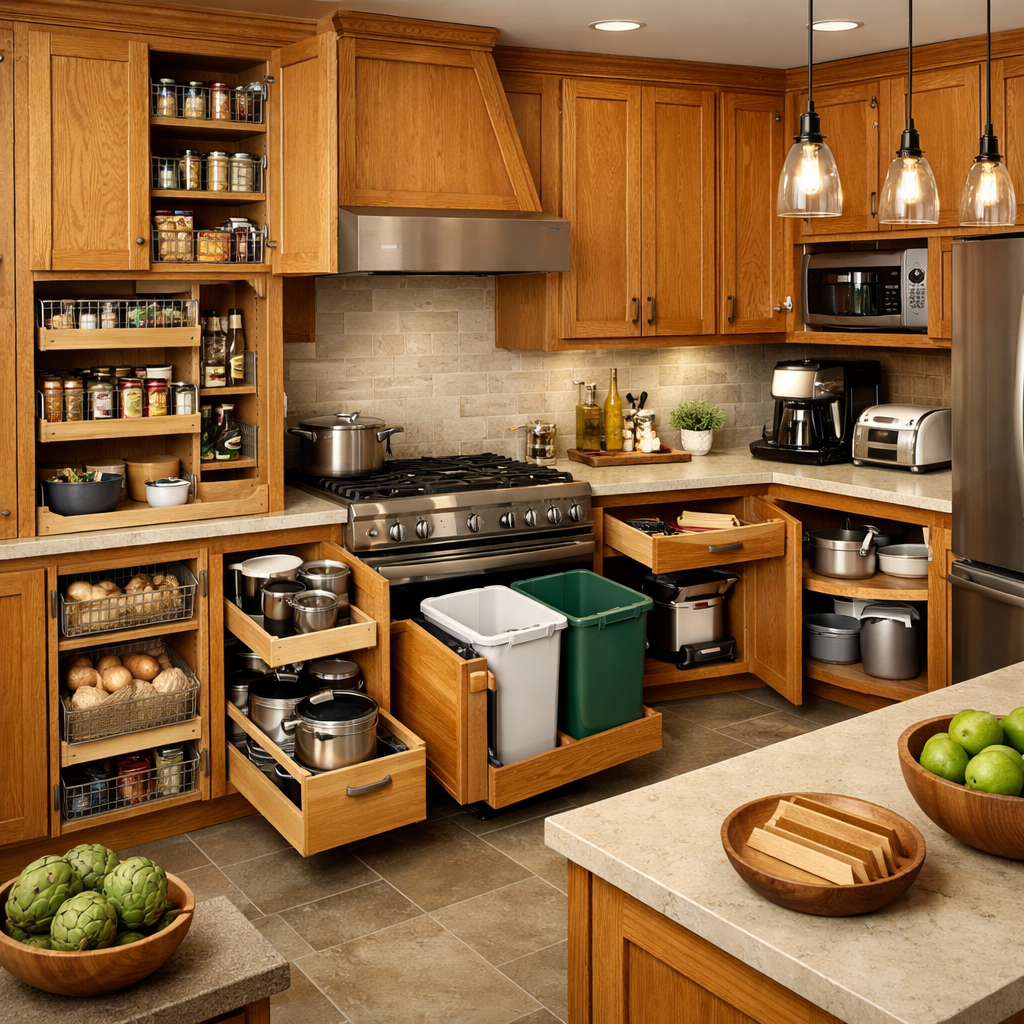 An interior view of a kitchen featuring orange oak cabinets with organized storage solutions