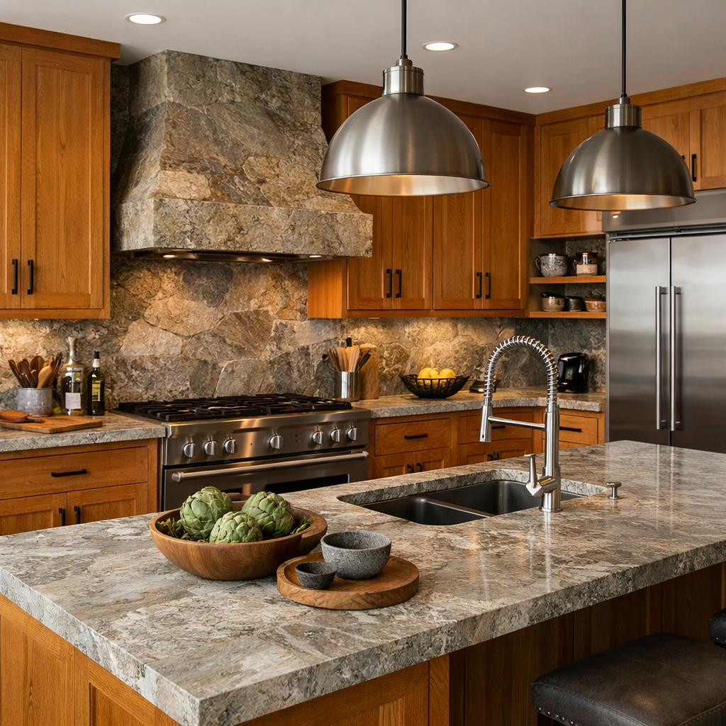 A modern kitchen featuring orange oak cabinets with a granite countertop and stone backsplash.