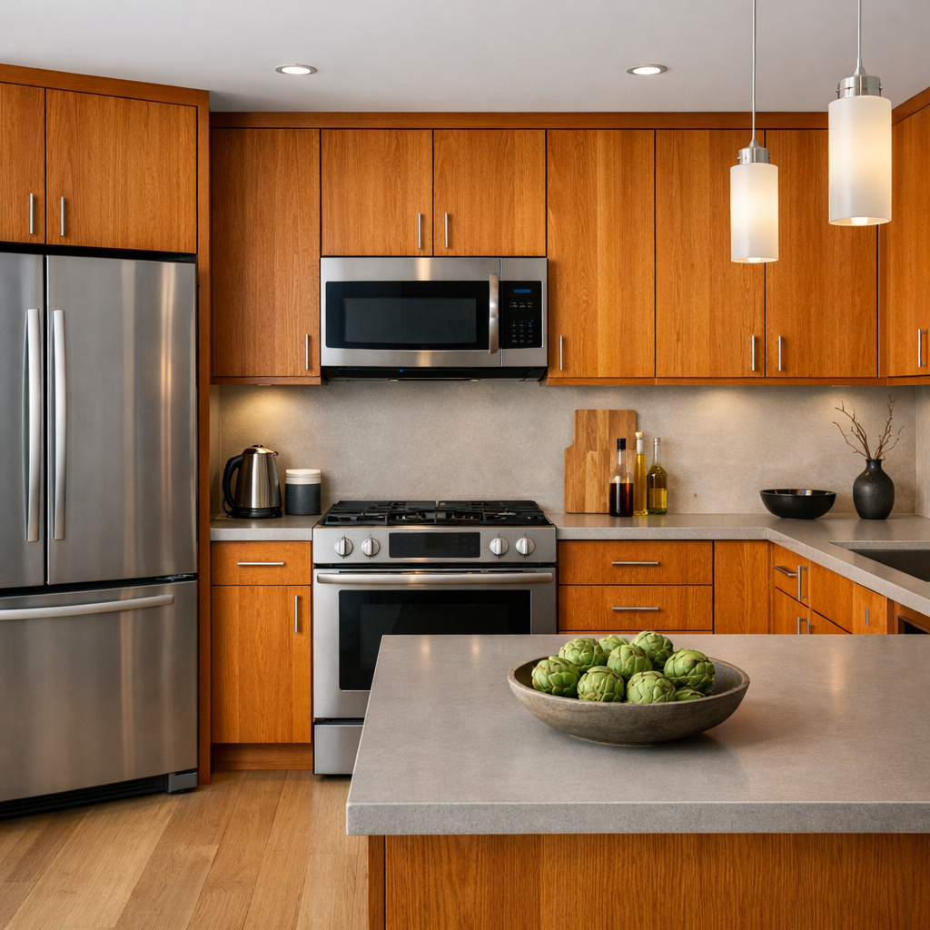 A modern kitchen featuring sleek orange oak cabinets, stainless steel appliances, and a gray countertop, exuding elegance and warmth.