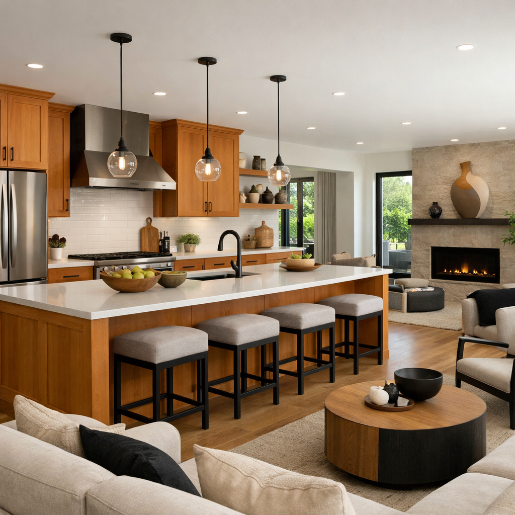 Open concept living area featuring orange oak kitchen cabinets and modern decor.