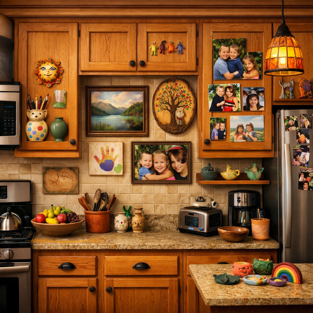 A cozy kitchen with orange oak cabinets decorated with personal items, family photos, and colorful decor.
