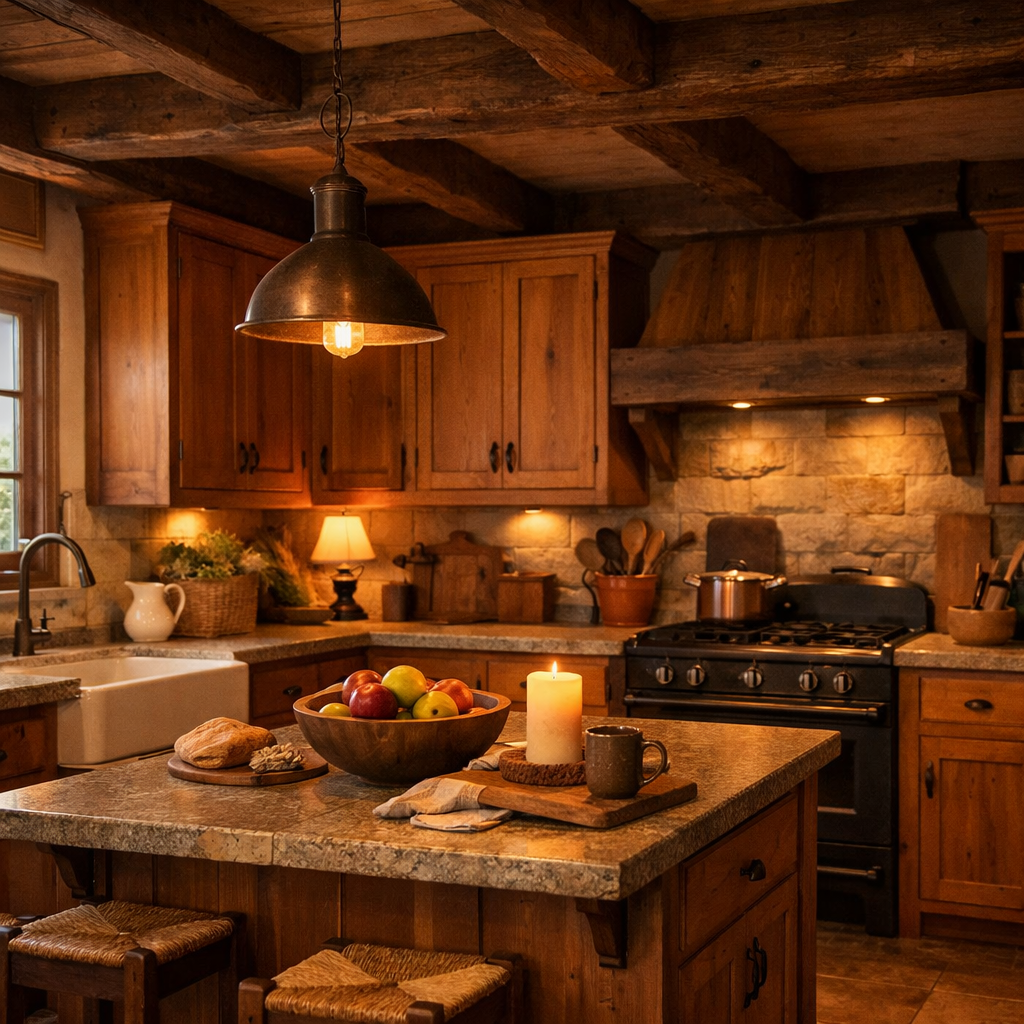 A cozy rustic kitchen featuring orange oak cabinets, a stone countertop, and warm lighting.