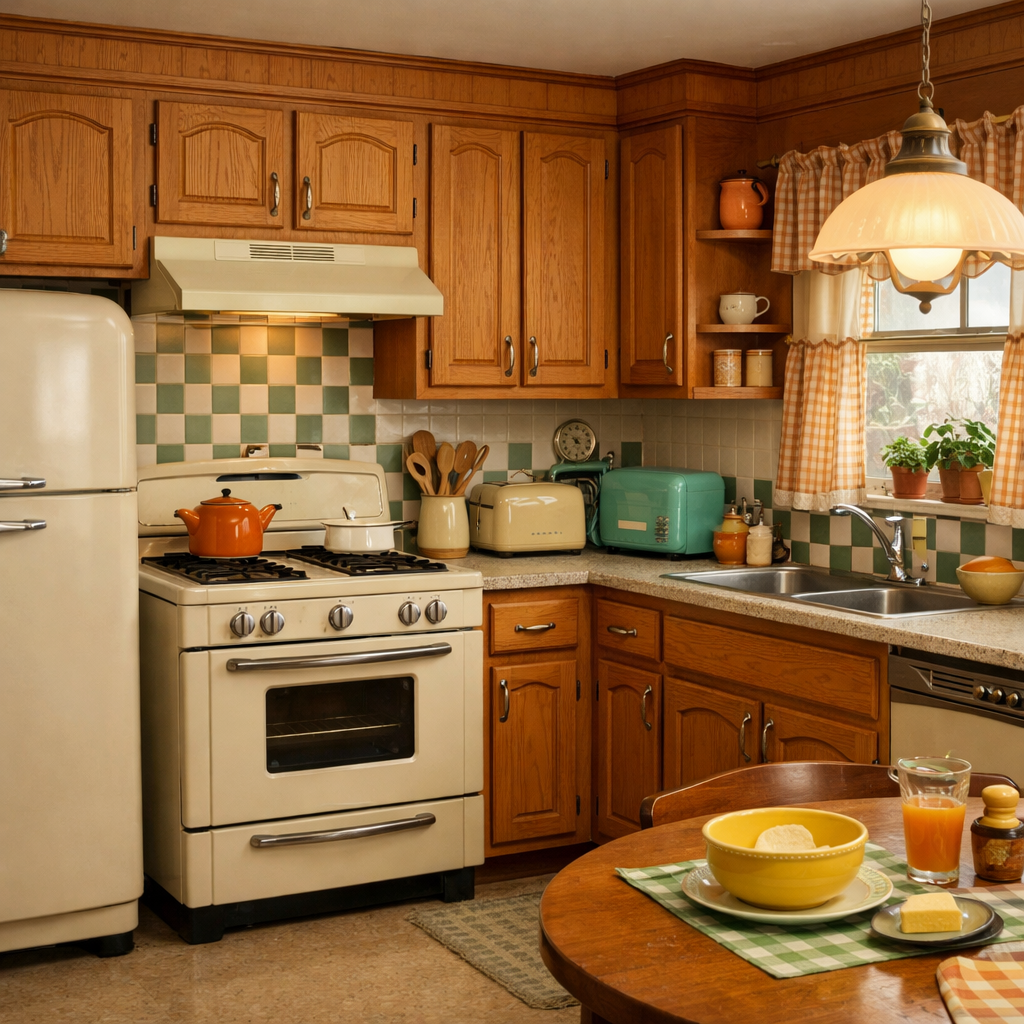 Cozy vintage kitchen featuring orange oak cabinets and retro appliances