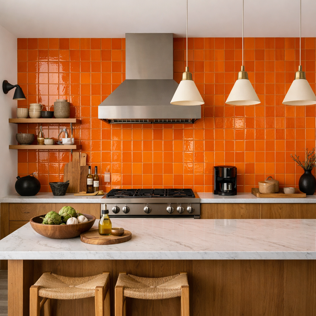 A kitchen with an accent wall featuring glossy orange tiles, a marble countertop, wooden shelves, and modern appliances.