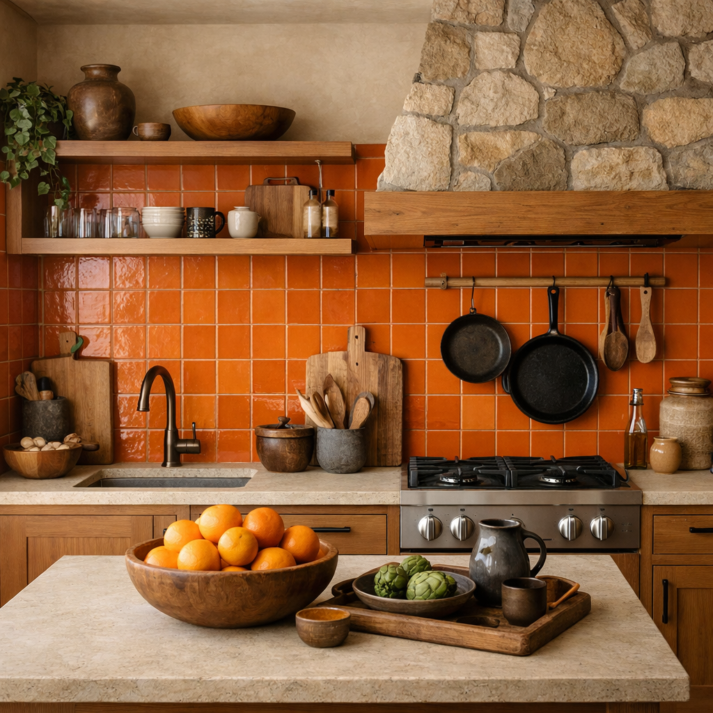 A warm kitchen featuring orange tiles, wooden shelves, stone accents, and fresh produce.