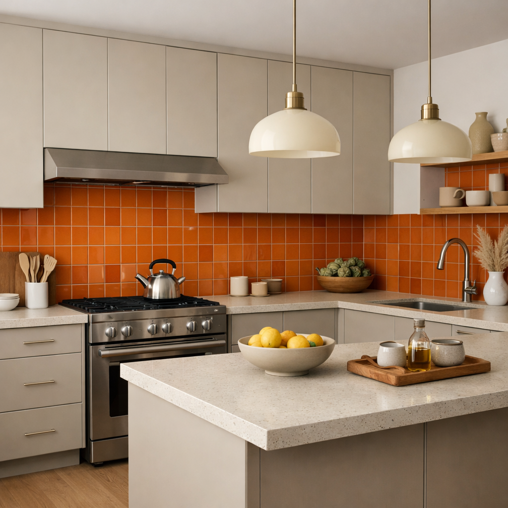 Modern kitchen with orange tiles and neutral cabinets.