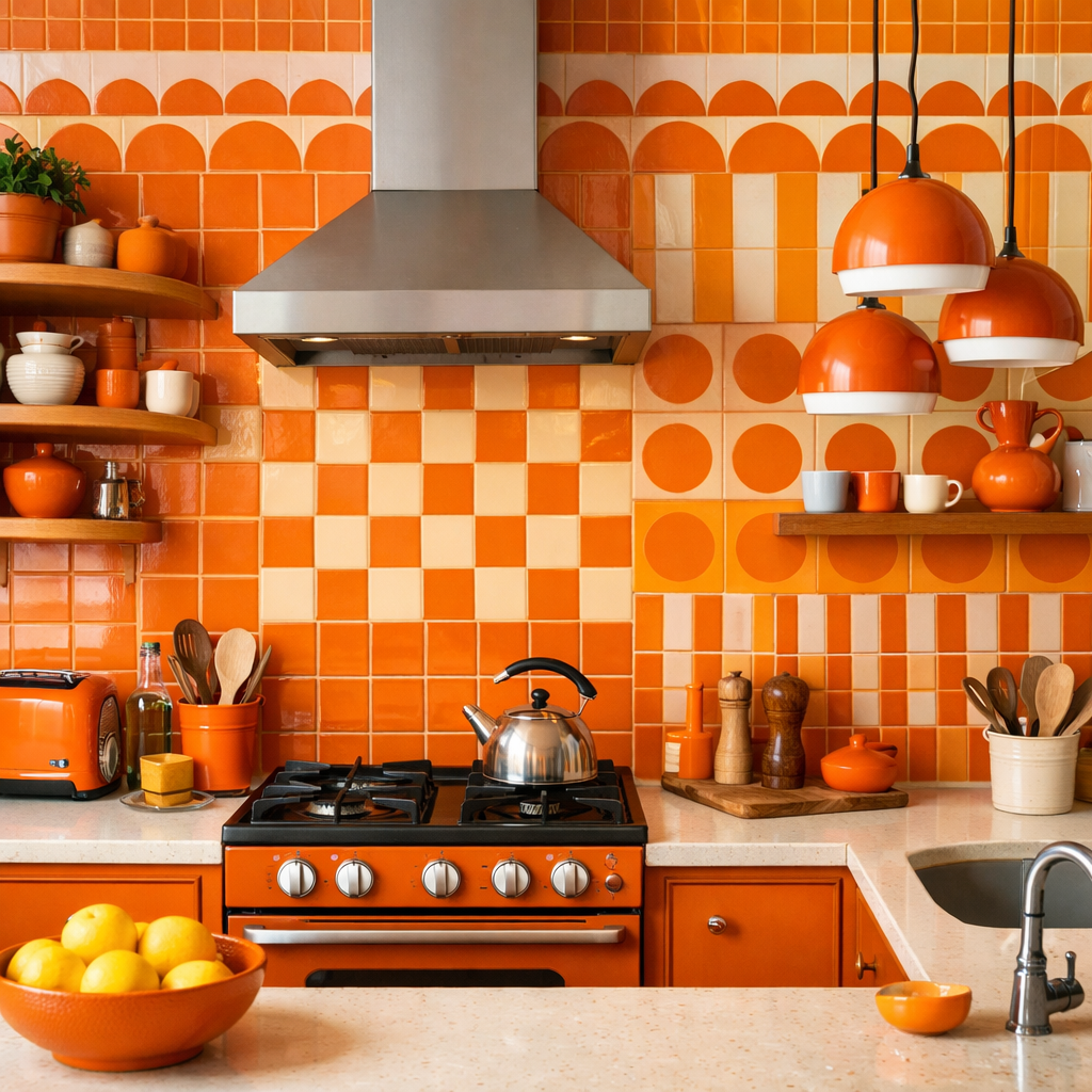 A vibrant kitchen featuring orange tiles in various patterns such as circles and checkerboard, complemented by orange kitchenware.