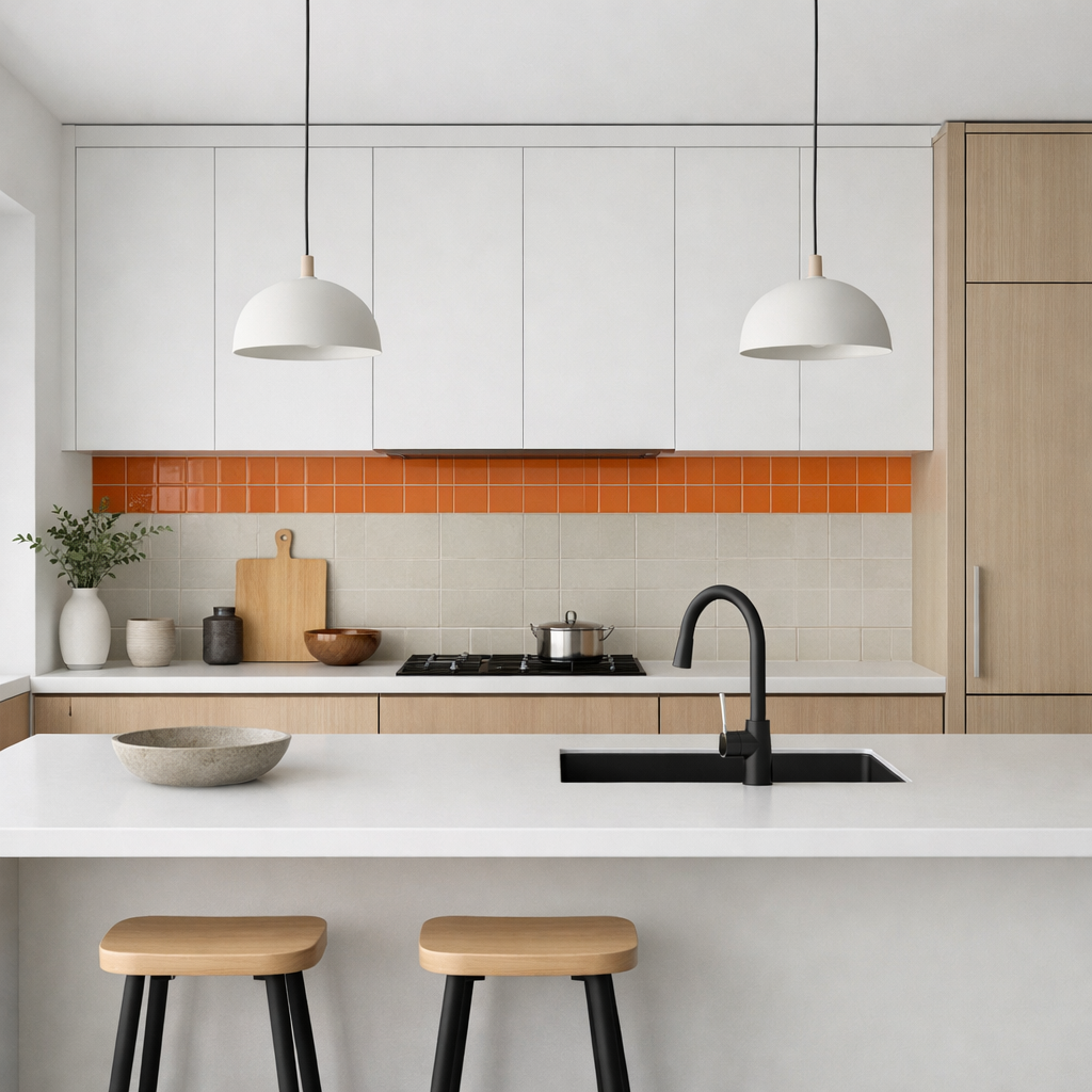 Minimalist kitchen featuring orange tile accents and natural wood elements.