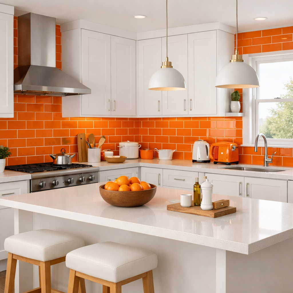 A modern kitchen featuring vibrant orange tiles and white cabinets, showcasing a warm and inviting atmosphere.