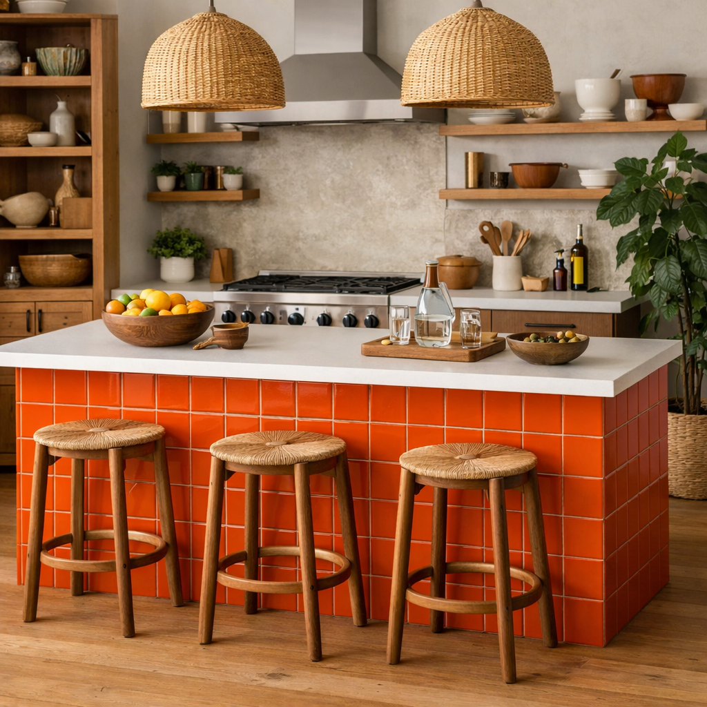 A modern kitchen featuring an orange tile island with wooden stools, showcasing a warm and inviting atmosphere.