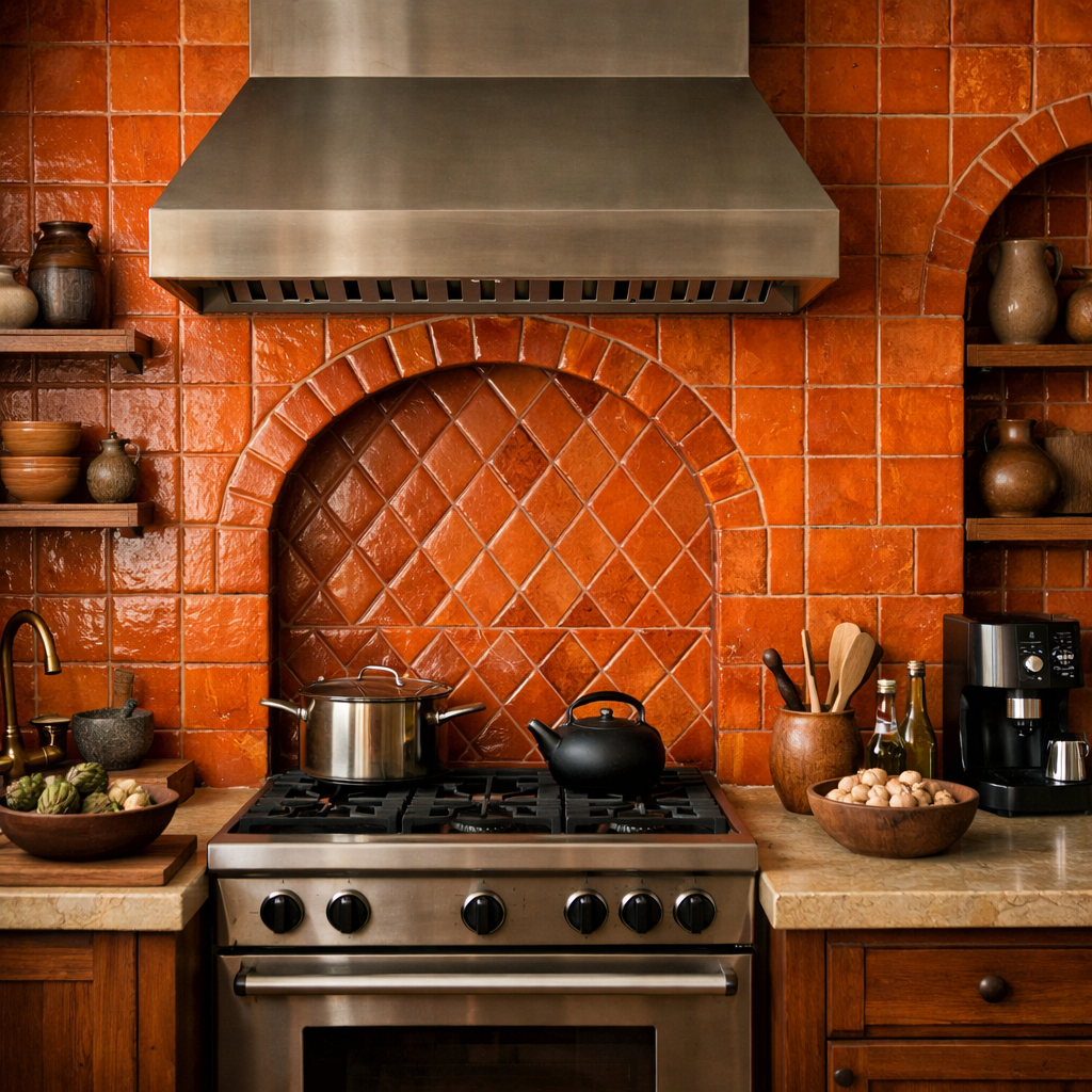 A cozy kitchen featuring textured orange tiles, stainless steel appliances, and rustic wooden accents.