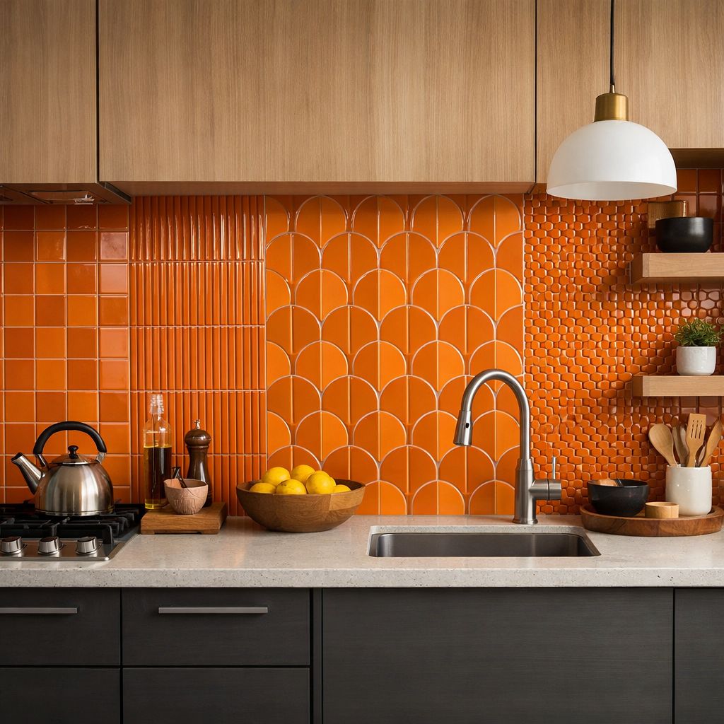 A vibrant orange kitchen backsplash with textured tiles and stylish wooden cabinets.