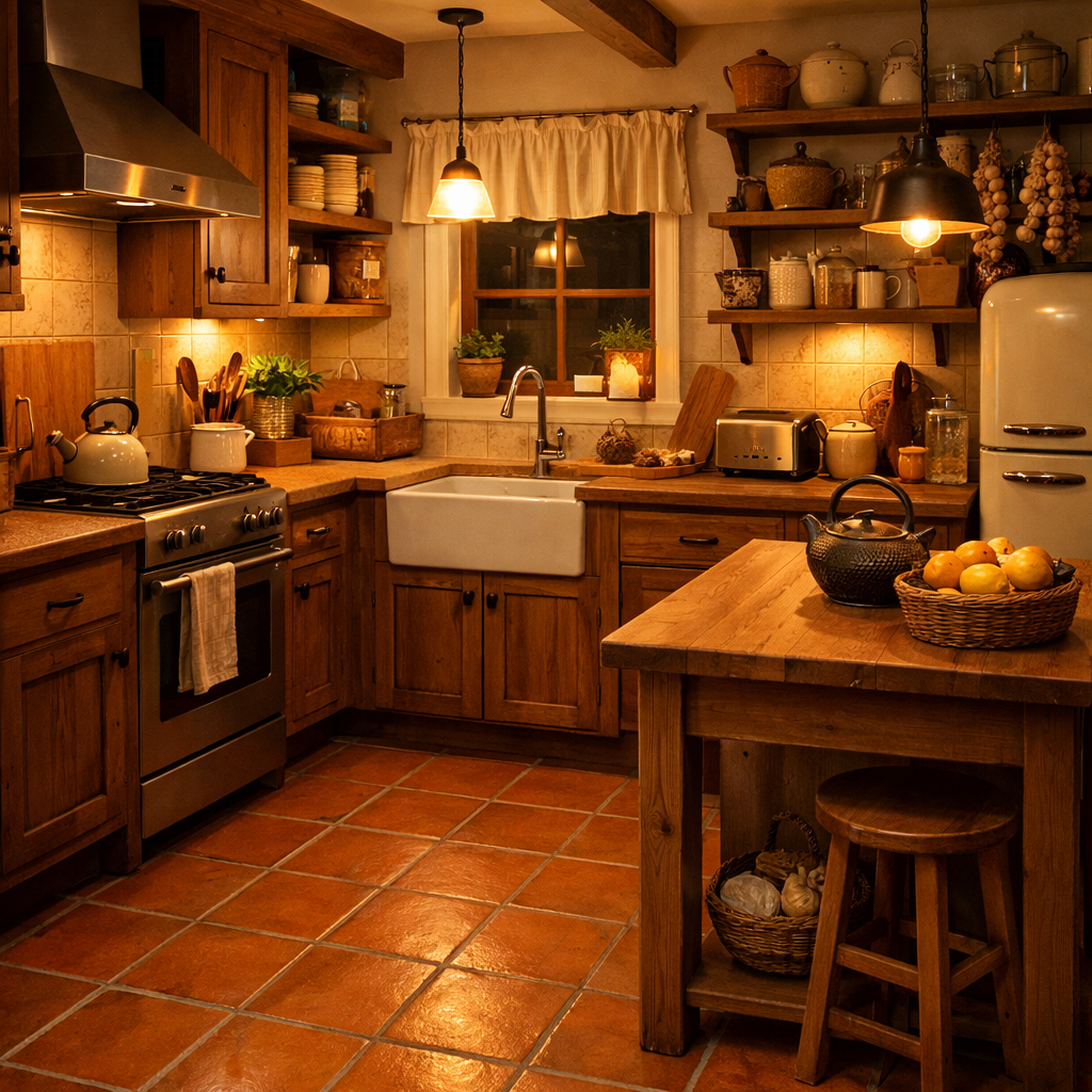 A cozy kitchen featuring terracotta tiles and wooden cabinets with warm lighting