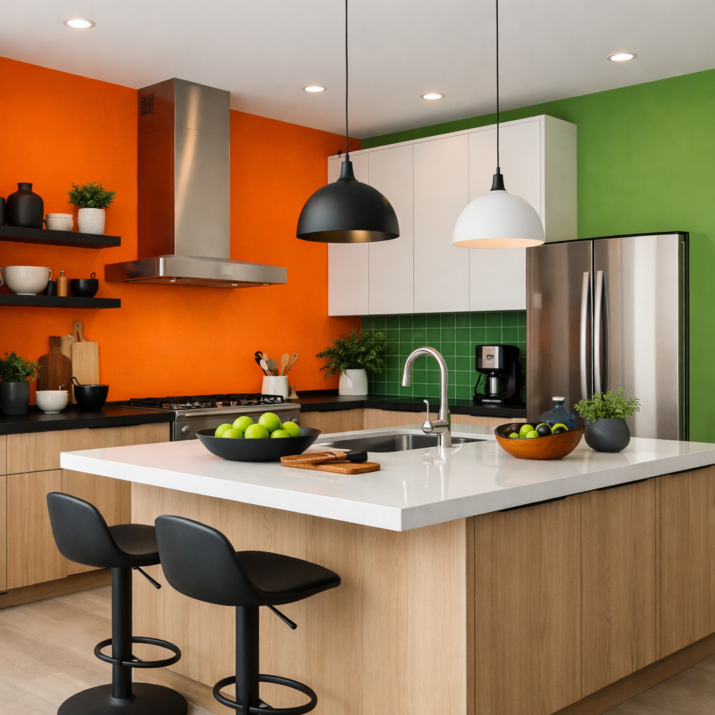 A kitchen with bold orange and green color block walls, featuring black and white fixtures and natural wood elements.