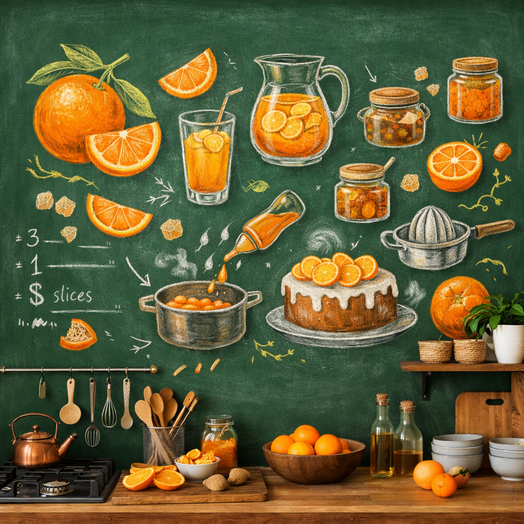 Chalkboard wall art featuring oranges, drinks, and desserts in a kitchen setting.
