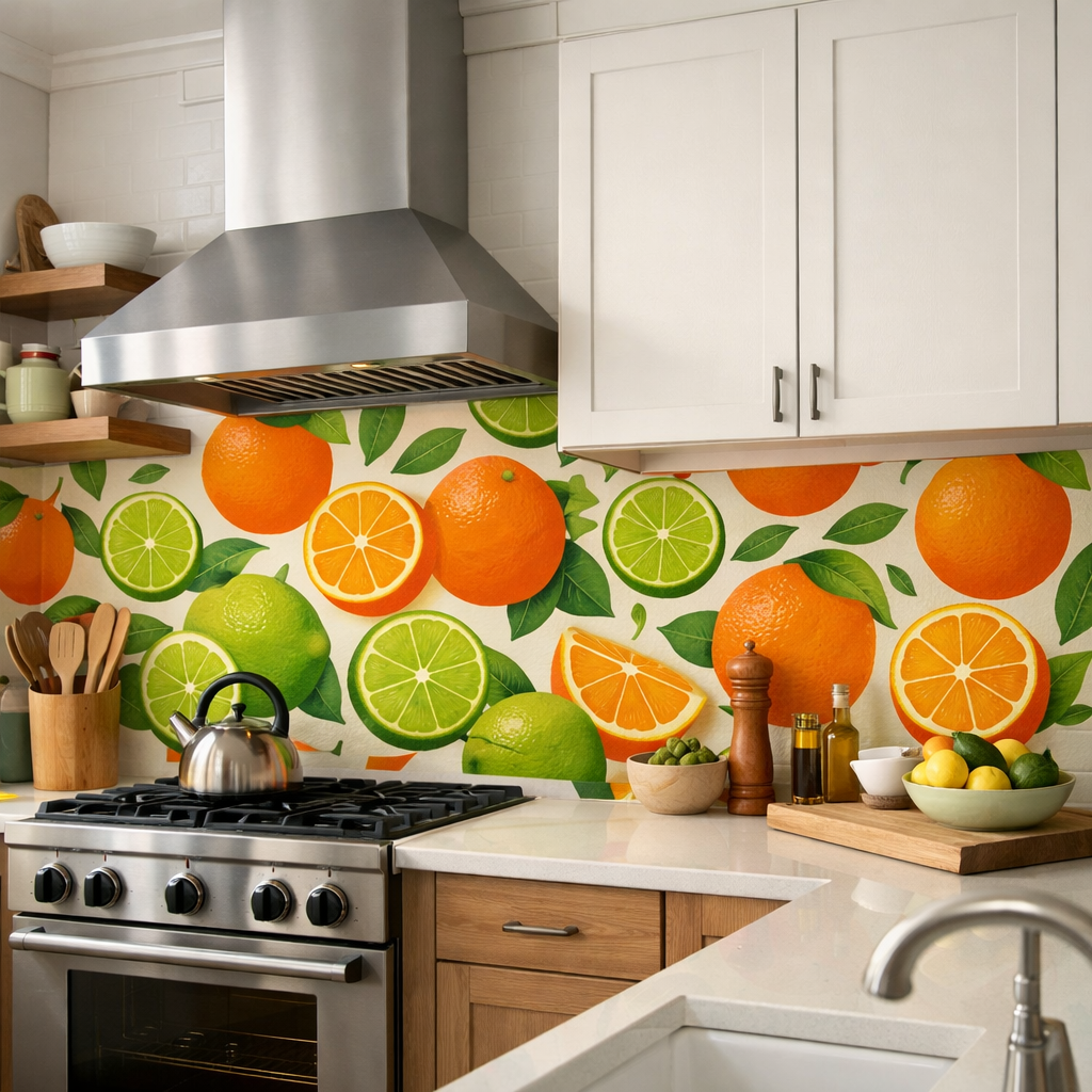 Colorful fruit-inspired backsplash in a modern kitchen featuring oranges, limes, and leaves.