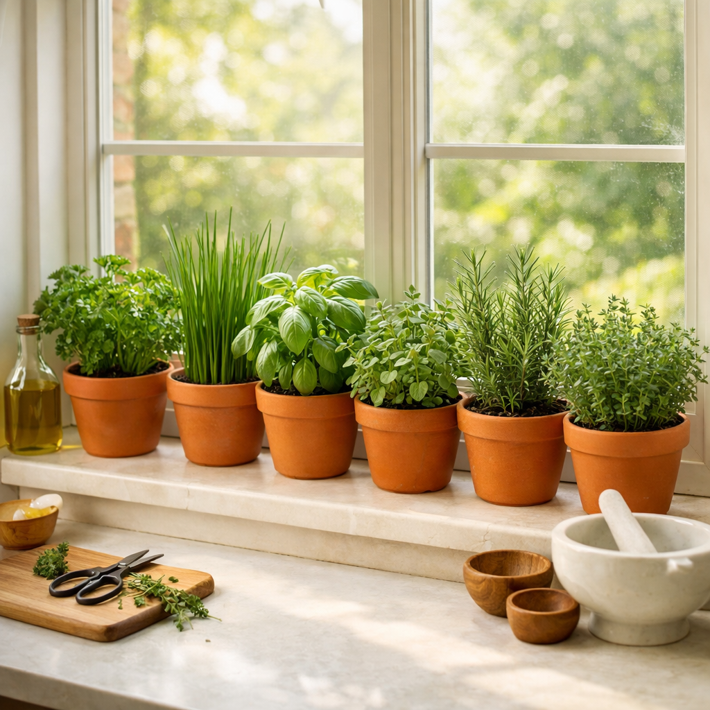 Windowsill herb garden featuring several terracotta pots with various herbs like basil, parsley, rosemary, and thyme. A bottle of olive oil and kitchen utensils are nearby.