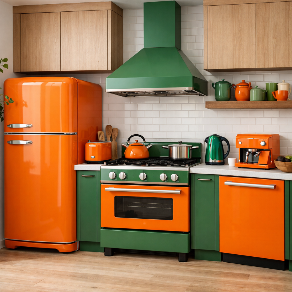 A vibrant orange and green kitchen featuring modern appliances