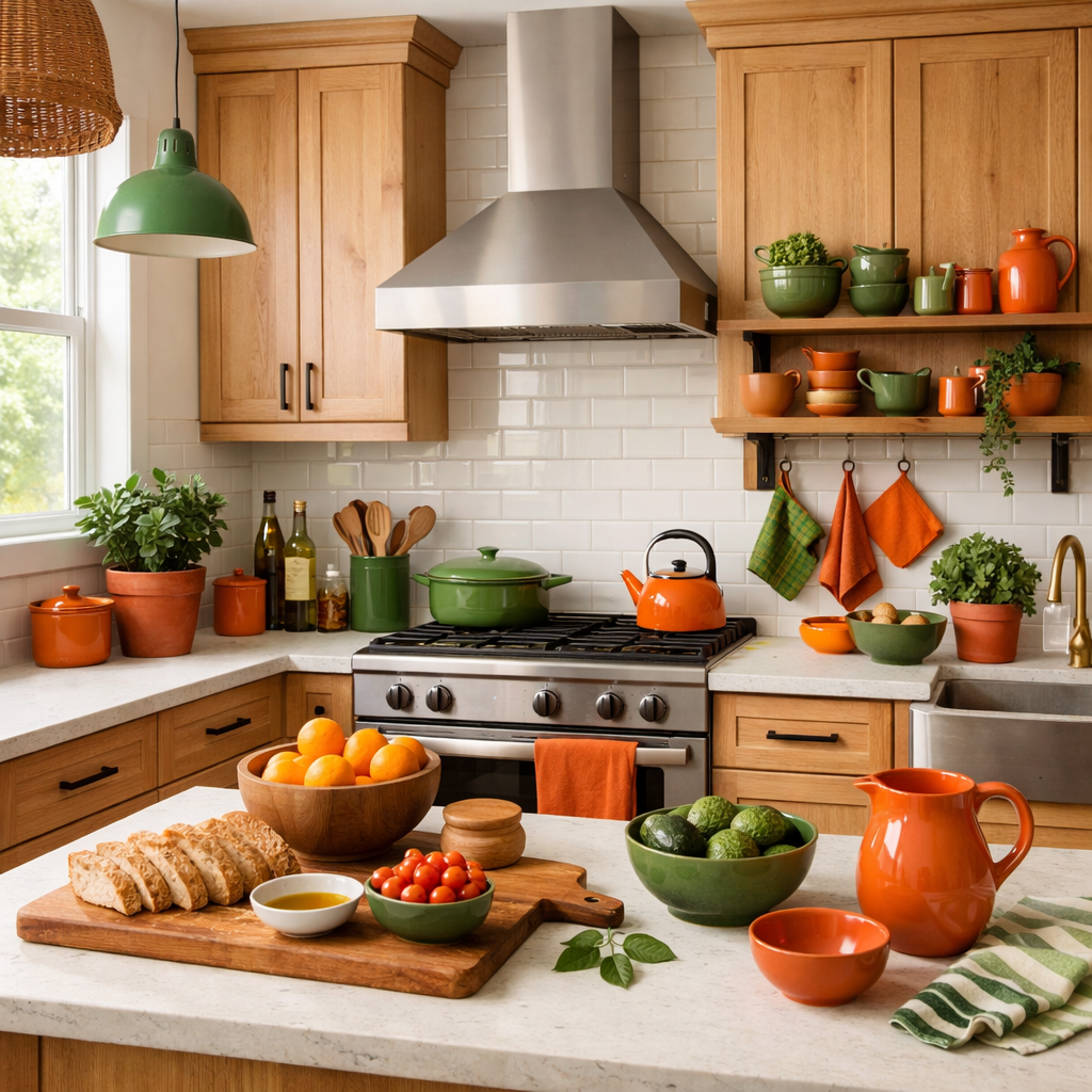 A bright and inviting kitchen featuring wooden cabinets, green accents, and vibrant orange decor.
