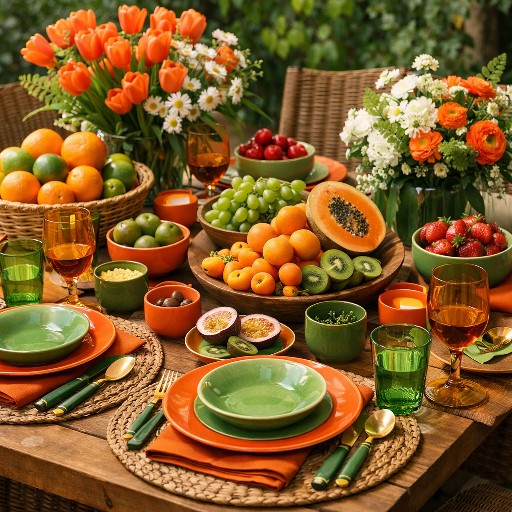 A beautifully set table with orange and green tableware, surrounded by colorful fruits and flowers.