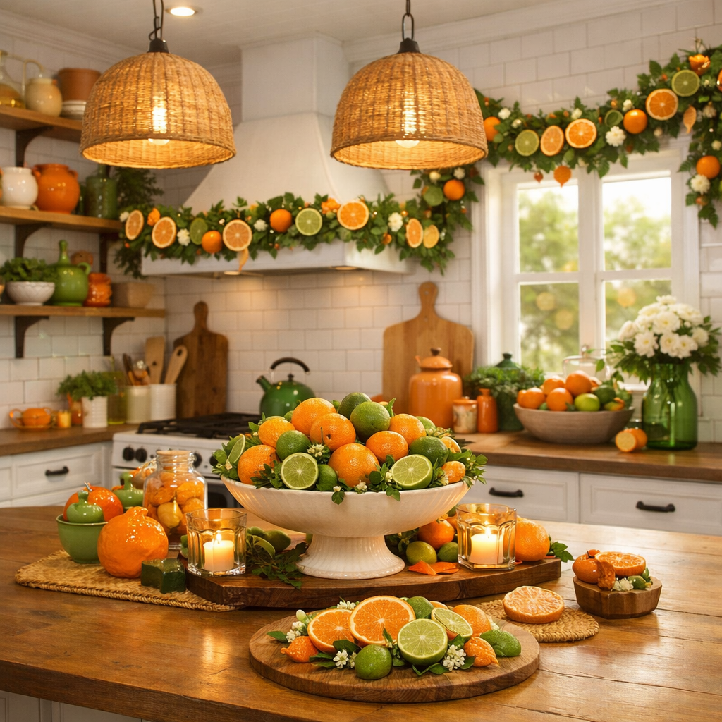 A vibrant orange and green themed kitchen decorated with citrus fruit, featuring a centerpiece of oranges and limes, and decorative elements like a fruit garland.