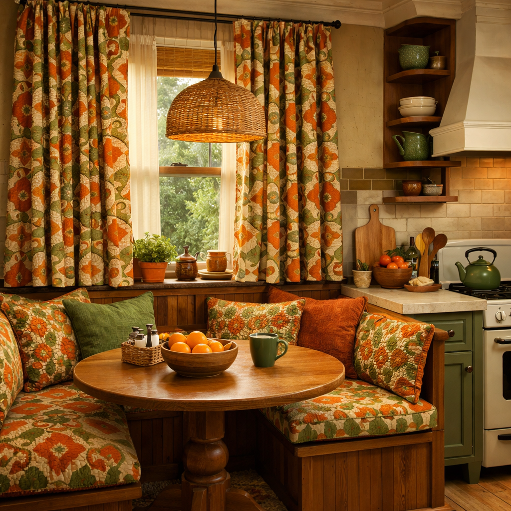 A cozy kitchen featuring orange and green patterned curtains and pillows, with a wooden table and round seating area.
