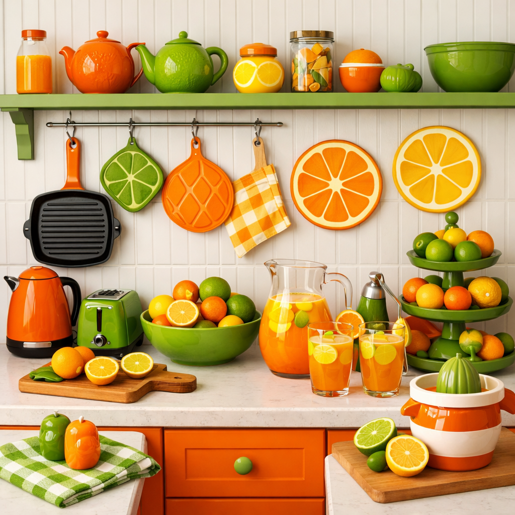 A colorful kitchen with orange and green accents, featuring fruits, drinkware, and cheerful decorations.