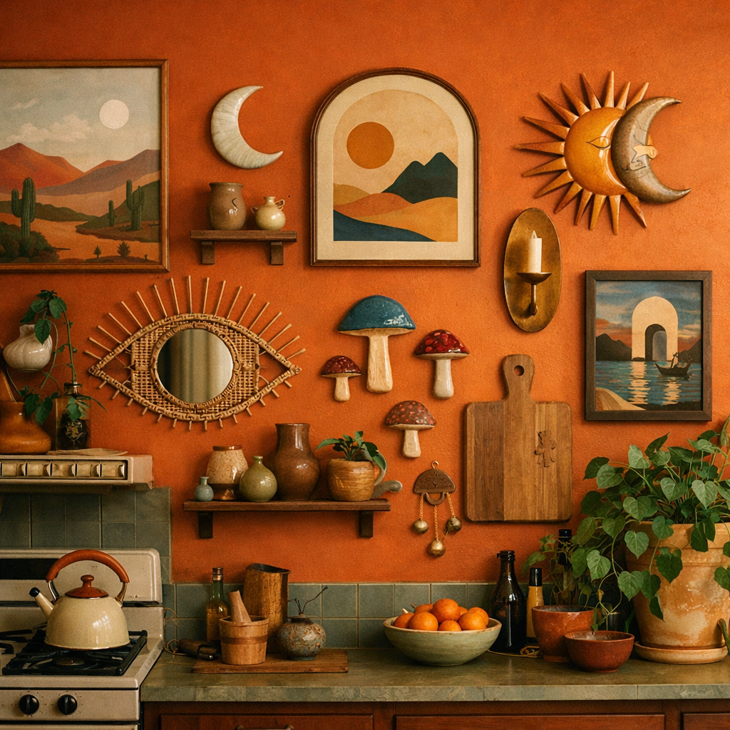 A kitchen with burnt orange walls adorned with artistic home décor, various plants, and kitchenware.