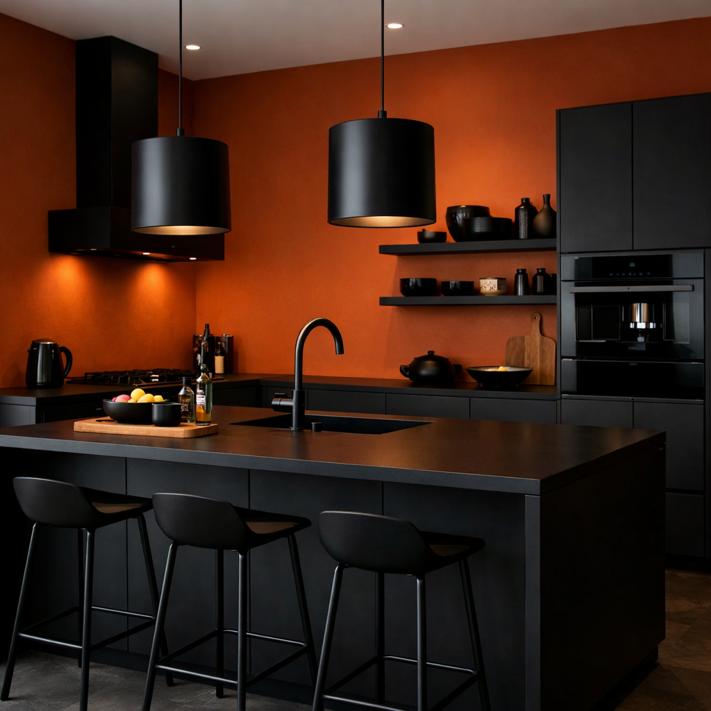 Kitchen with burnt orange walls and bold black fixtures
