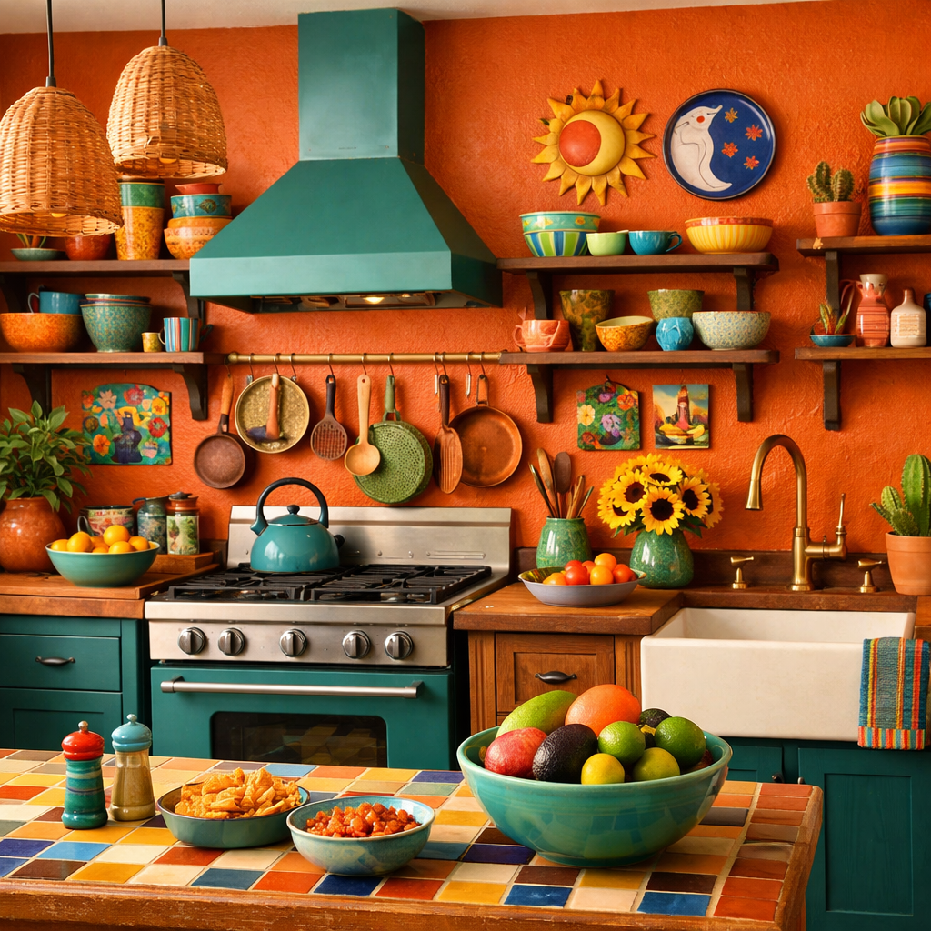 A vibrant kitchen featuring burnt orange walls with colorful accessories.